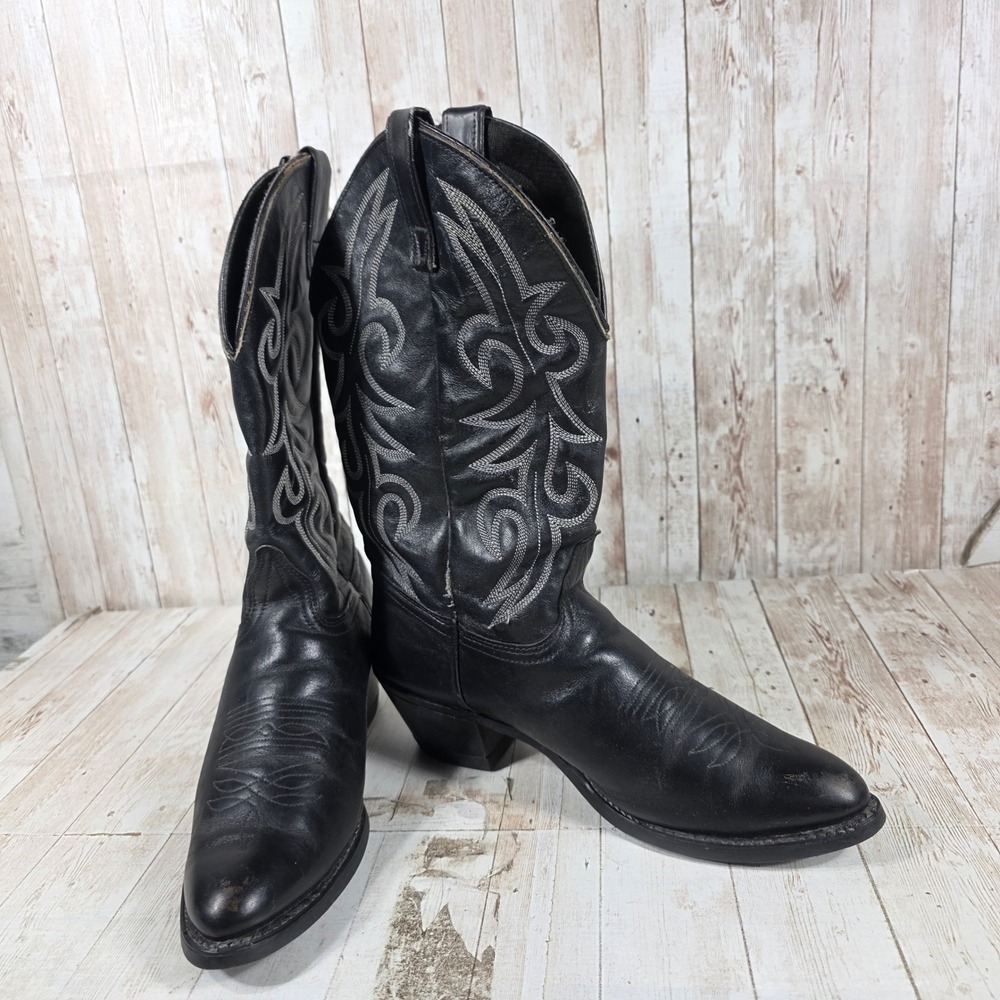 Womens Black Leather Western Cowboy Boots Contrast Stitch Pointed Toe Pull On - Picture 6 of 8